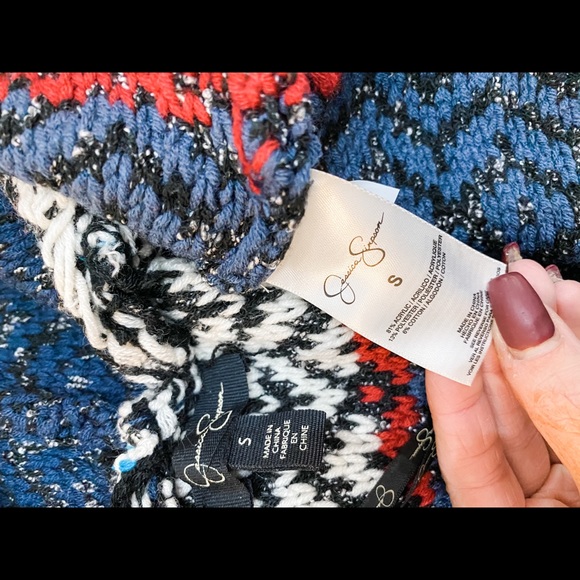 Jessica Simpson Red and Blue Chunky Thistle Cardigan with Accent Fringe Size S - Picture 5 of 12